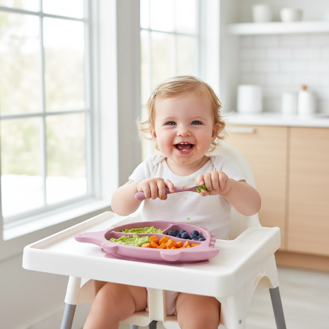 Bébé fille mangeant dans l'assiette dinosaure rose