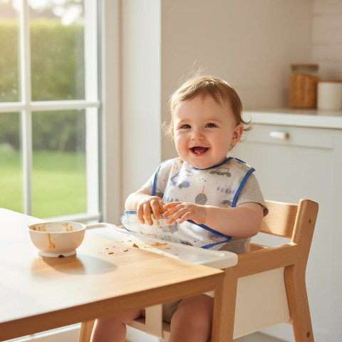 Bébé garçon dans chaise haute portant bavoir blanc avec bordure bleue et motifs voitures