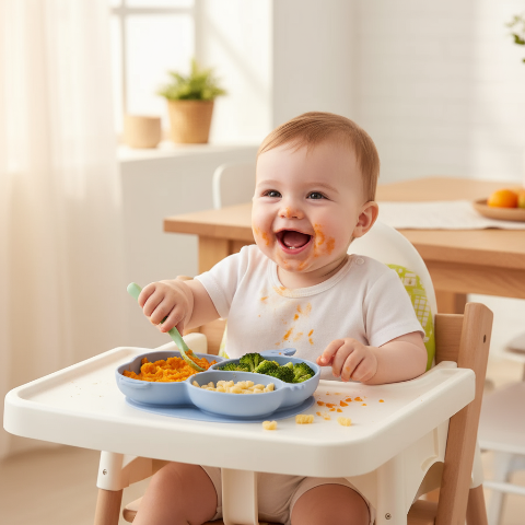 Bébé mangeant dans l'assiette éléphant bleu