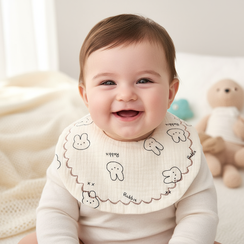 Bébé portant le bavoir aux lapins