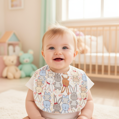 Bébé portant le bavoir lapins