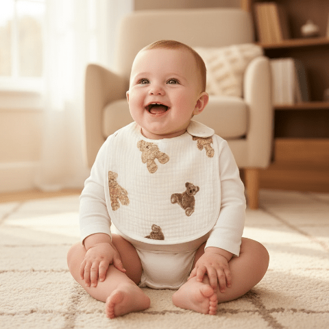 Bébé souriant portant le bavoir avec motif ours