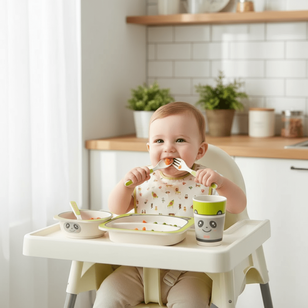 Bébé Utilisant le Set Vaisselle BambooKid Panda