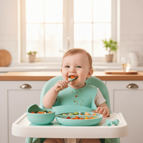 Bébé Utilisant le Set Vaisselle Menthe