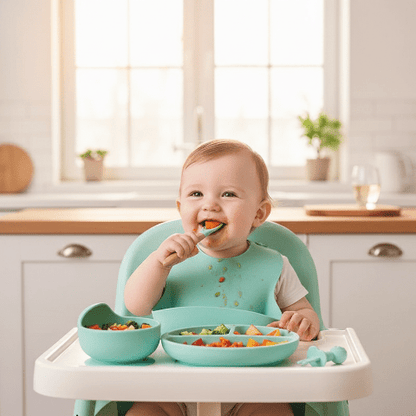 Bébé Utilisant le Set Vaisselle Menthe