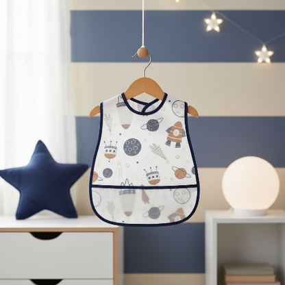 Bavoir blanc avec motifs espace suspendu sur cintre avec arrière-plan bleu marine