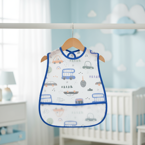 Bavoir blanc avec véhicules bleu suspendu sur cintre avec arrière-plan frais