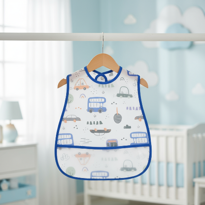 Bavoir blanc avec véhicules bleu suspendu sur cintre avec arrière-plan frais