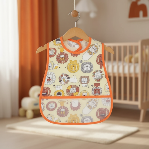 Bavoir crème avec lions orange suspendu sur cintre avec arrière-plan chaleureux