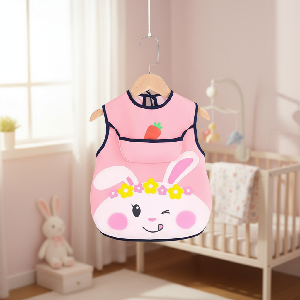 Bavoir lapin rose suspendu sur cintre avec arrière-plan rose