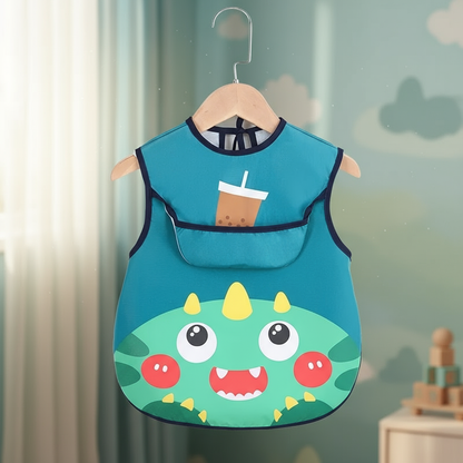 Bavoir monstre vert suspendu sur cintre avec arrière-plan bleu-vert