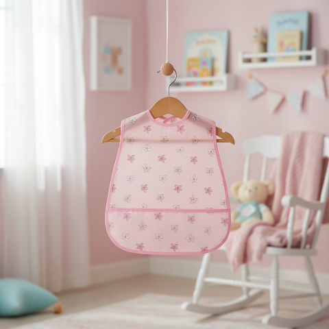 Bavoir rose avec fleurs suspendu sur cintre avec arrière-plan rose pastel