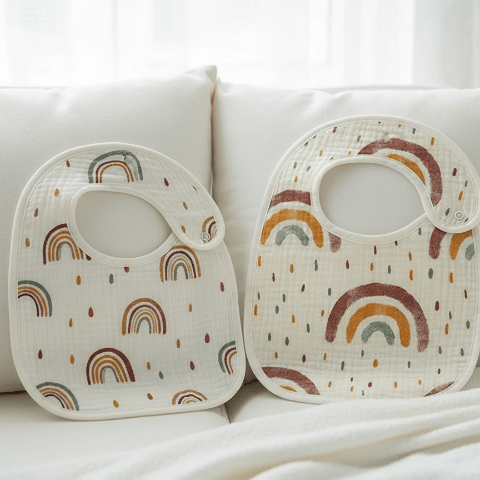 Bavoirs arc-en-ciel sur coussins