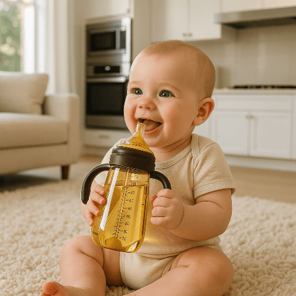 bébé assis sur le tapis de salon, iltient sa main son biberon anti colique.