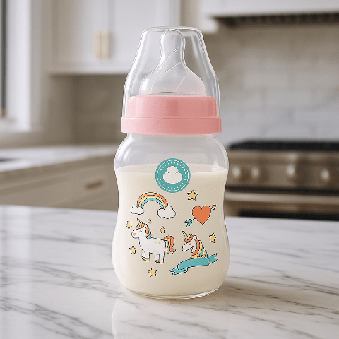 un biberon rose de 150 ml sur un comptoir de cuisine 