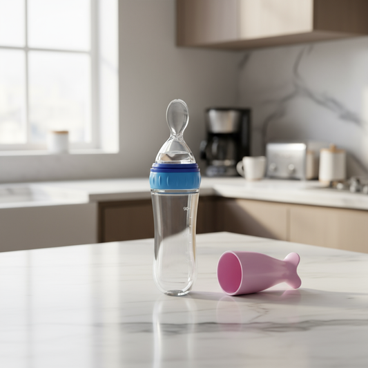 Biberon-cuillère silicone bleu avec couvercle sur comptoir