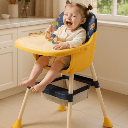 une bébé fille assise dans sa chaise haute