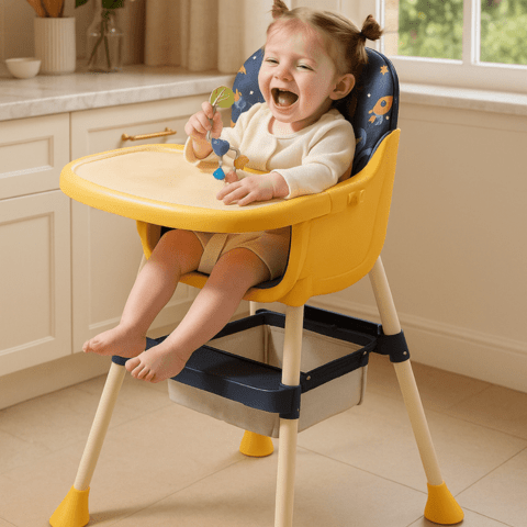 une bébé fille assise dans sa chaise haute