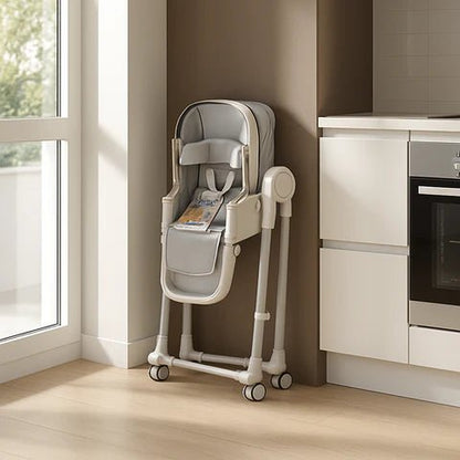 chaise haute bébé rangée dans un coin de cuisine 