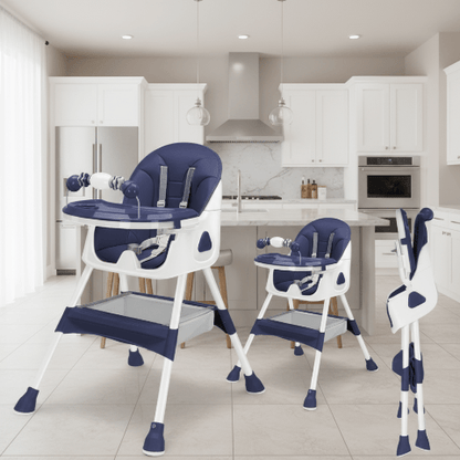 Chaise haute bebe bleue dans cuisine moderne