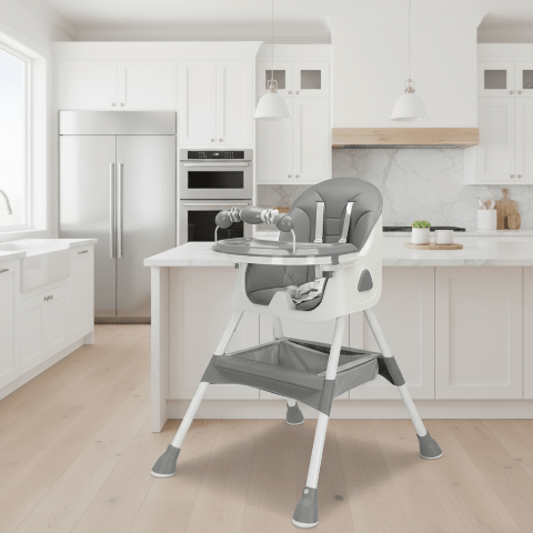 Chaise haute bebe grise dans cuisine moderne