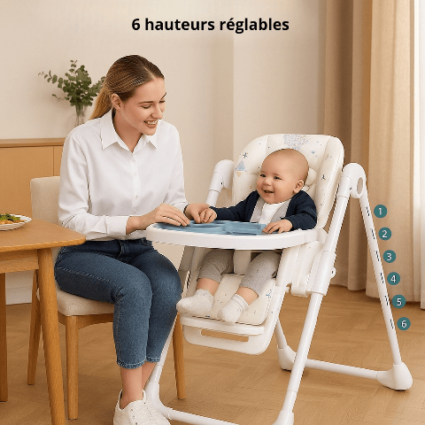 chaise haute bebe -maman assise à côté de son bébé qui est dans sa chaise haute.