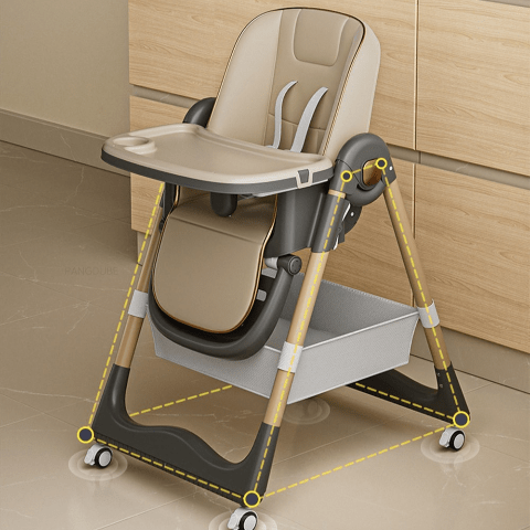 chaise haute bebe dans une cuisine  avec une description de design stable avec une structure triangulaire et 4 points d'appui