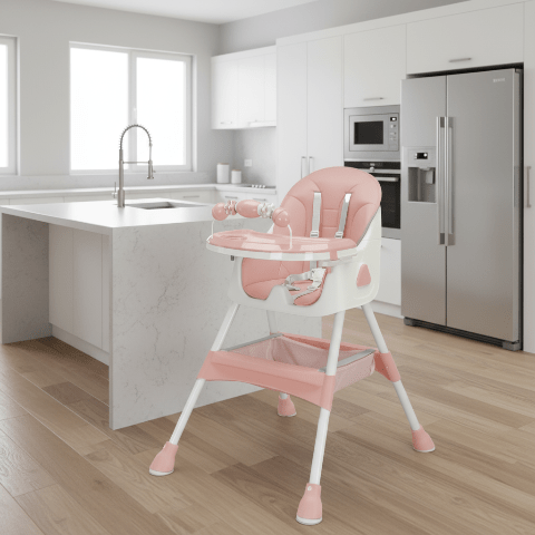 Chaise haute bebe rose avec jouet dans cuisine moderne