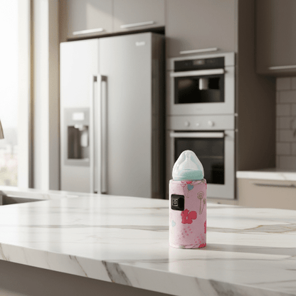Chauffe-biberon rose écureuil sur comptoir de cuisine