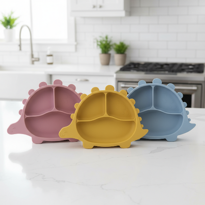 Collection assiettes dinosaure sur comptoir - vue du dessus