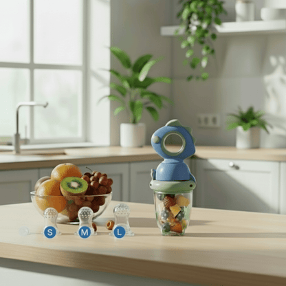Grignoteuse dinosaure avec fruits dans une cuisine moderne