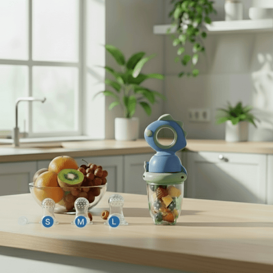Grignoteuse dinosaure avec fruits dans une cuisine moderne