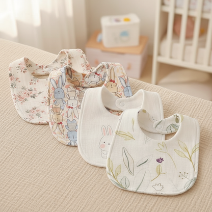 Lot de 4 bavoirs lapins et floraux avec arrière-plan