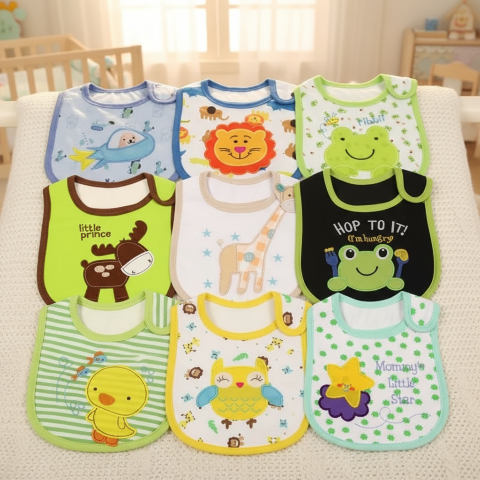 Neuf bavoirs colorés disposés en grille avec éclairage optimal pour voir les détails