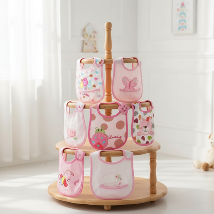 Neuf bavoirs roses avec motifs mignons sur présentoir élégant