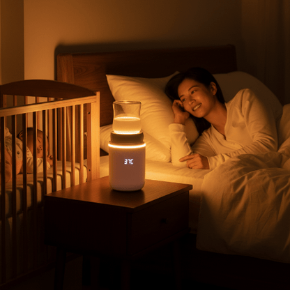 Scène nocturne avec chauffe-biberon cylindrique et lumière ambrée