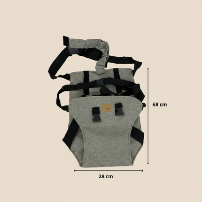 Siège portable gris vertical sur fond beige avec dimensions