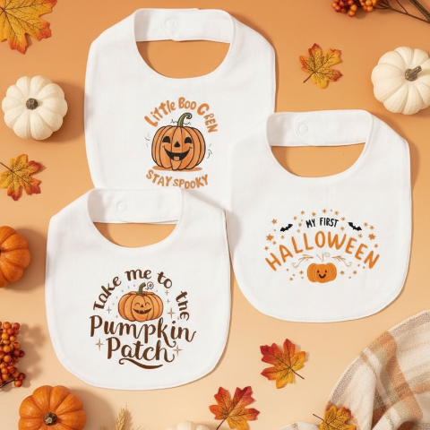 Trois bavoirs blancs avec designs de citrouilles dans un décor d'automne