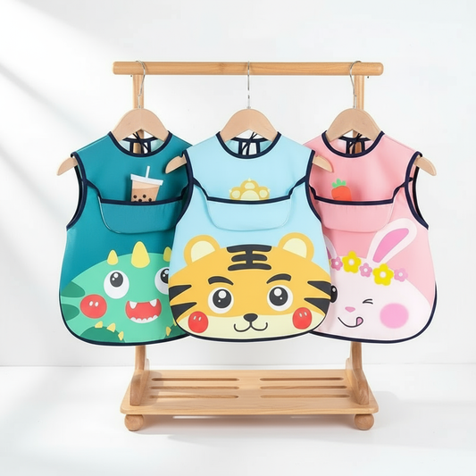 Trois bavoirs sur présentoir avec détails des pochettes visibles