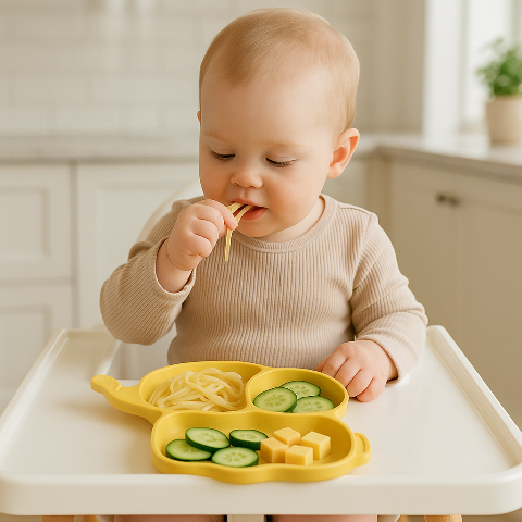 bébé mange dans une assiette de silicone